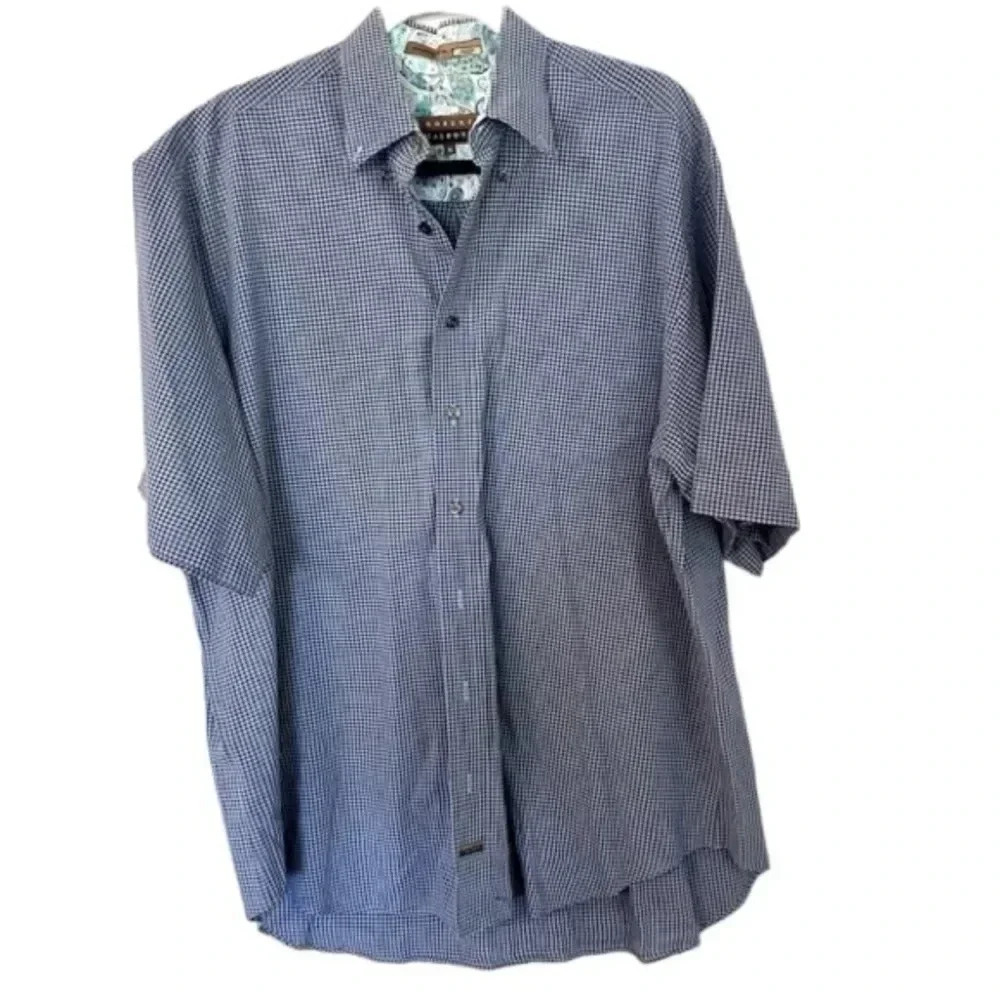 Robert Talbott Men's Short Sleeve Blue Plaid Button Up Shirt Size XL GUC